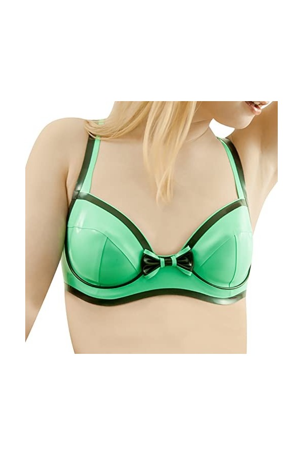 Latex CaoutchoucJade Vert et Noir Sexy Soutiens-gorge en latex avec garnitures nœuds O Boutons d’anneau à l’arrière Soutiens-