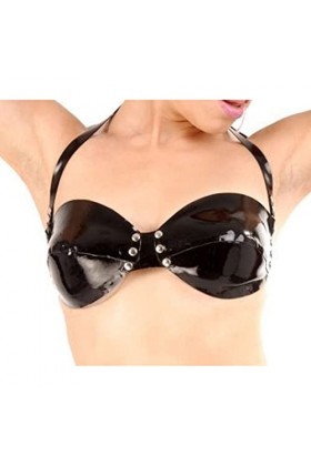 Latex CaoutchoucBlack Sexy Halter Soutiens-gorge en latex avec boutons à l’arrière Décorations avant et deux côtés Soutiens-g