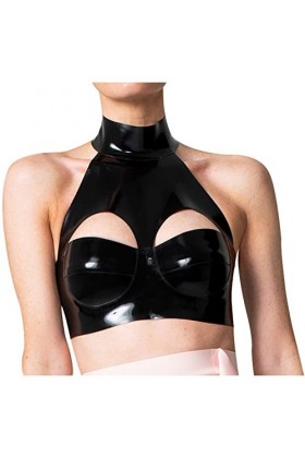 Latex CaoutchoucNoir Sexy Latex Crop Top Trous ouverts Boutons À l’arrière Soutien-gorge en caoutchouc Lingerie, bleu transpa