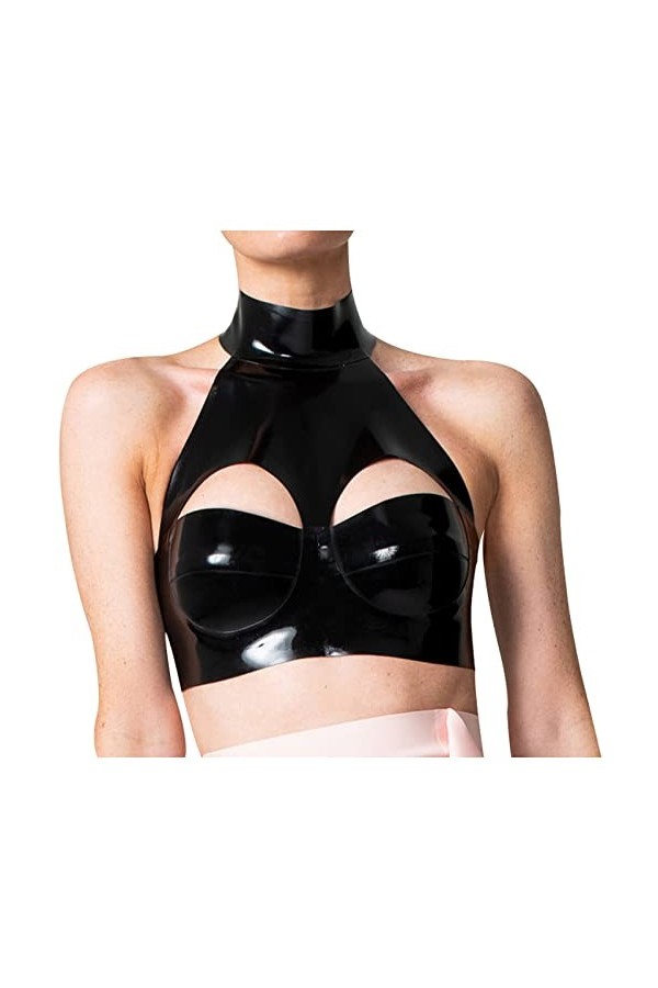 Latex CaoutchoucNoir Sexy Latex Crop Top Trous ouverts Boutons À l’arrière Soutien-gorge en caoutchouc Lingerie, bleu transpa
