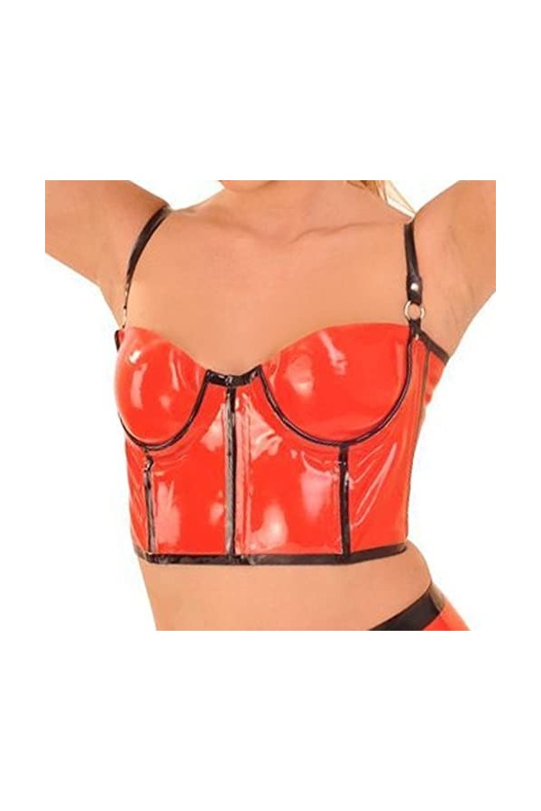 Soutiens-gorge en latex caoutchoucrouge et noir sexy en latex avec garnitures fermetures éclair à l’arrière soutiens-gorge en