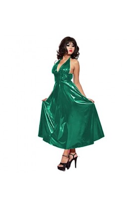 PVC Leather Maxi Dress For Women Halter V-Neck Open Back Sleevelesss Dresses,Fruit Green,S