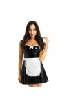 Femmes Maid Déguisements Costumes Tenue en Cuir Verni A-Ligne Discothèque Robe De Danse avec Tablier en Satin,Noir,S
