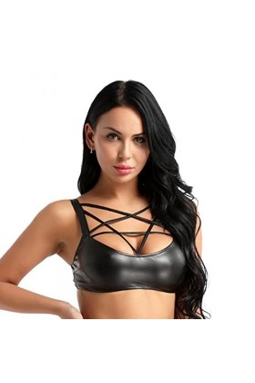 Femmes Noir Wet Look Faux Cuir Sexy Justaucorps Lingerie sans Manches À Bretelles Pentagone Détail Avant Bandeau Crop Tank Br