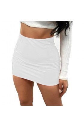 WSZJLN Femmes Jupes Sexy en Cuir Verni Brillant Mini-Jupe Couleur Unie Ceinture Jupe Crayon Brillant Aspect mouillé Jupe en L