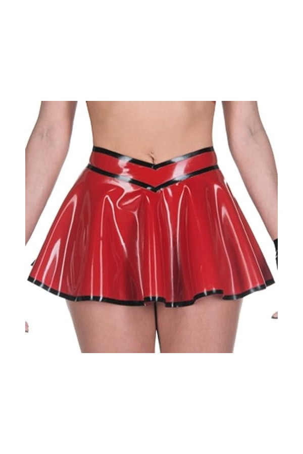 GOCTRN Mini Jupes Sexy en Latex, Garnitures Noires Et Rouges, Courtes, sans Fermeture Éclair, Bas en Caoutchouc,Noir,S