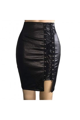 Jupe courte en cuir synthétique pour femme - Jupe moulante sexy - Jupe plissée élégante - Vintage - Jupe plissée - Tunique - 