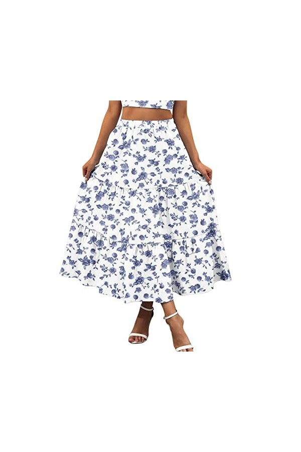 Jupe midi en mousseline de soie élégante à pois - Taille élastique - Jupe dété plissée - Style bohème - Style décontracté - 