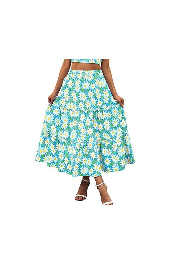 Jupe midi en mousseline de soie élégante à pois - Taille élastique - Jupe dété plissée - Style bohème - Style décontracté - 