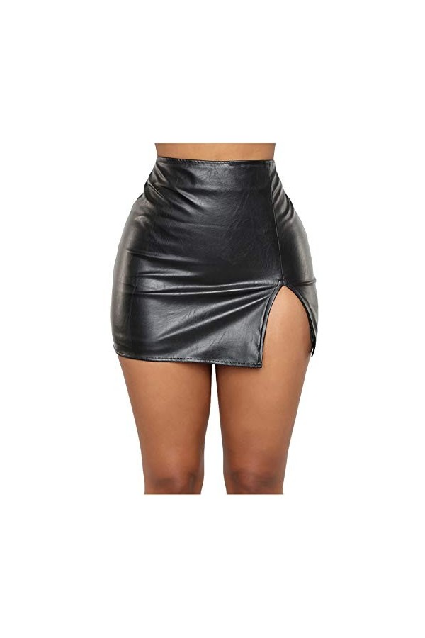 Jupe courte pour femme - En cuir synthétique - Sexy - Avec fente latérale - Mini jupe plissée - Vintage - Tunique - Jupe plis
