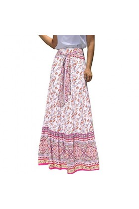 Jupe midi élégante pour femme - Style ethnique - À pois - Taille élastique - Plissée - Style bohème - Style décontracté, Blan