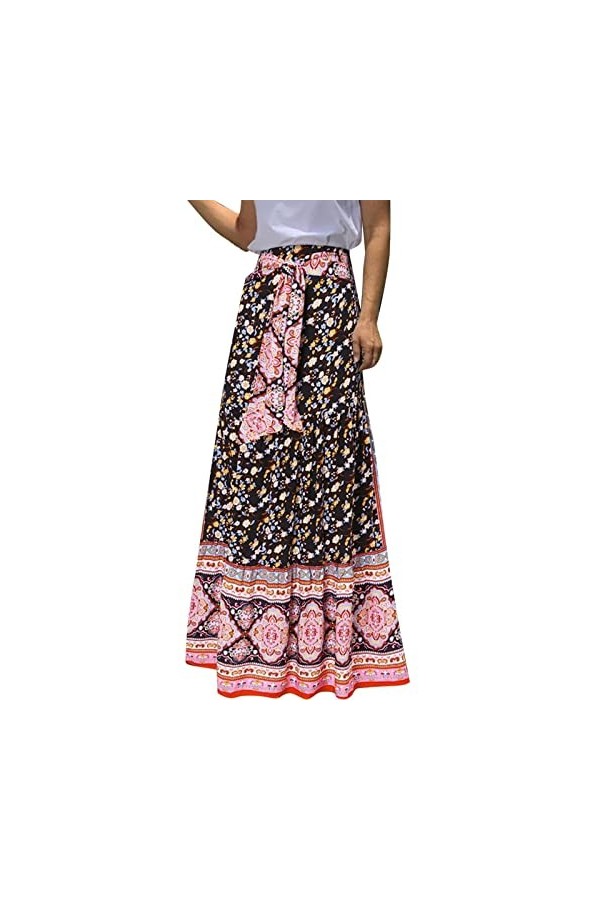 Jupe midi élégante pour femme - Style ethnique - À pois - Taille élastique - Plissée - Style bohème - Style décontracté, Blan