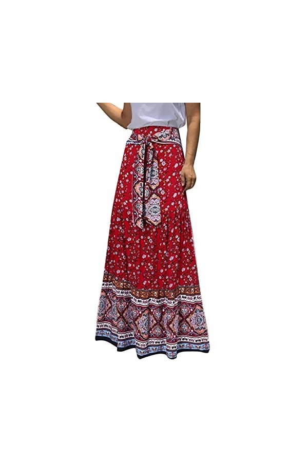 Jupe midi élégante pour femme - Style ethnique - À pois - Taille élastique - Plissée - Style bohème - Style décontracté, Blan