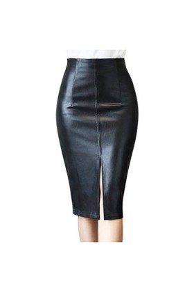 Jupe moulante sexy pour femme - Taille haute - En cuir synthétique - Avec fente latérale, Noir , XXL