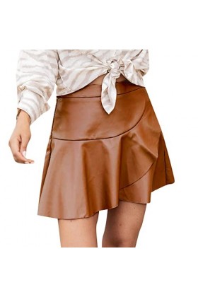 Mini jupe courte en cuir synthétique pour femme - En cuir synthétique - Mini jupe de patineuse - En cuir verni, kaki, L