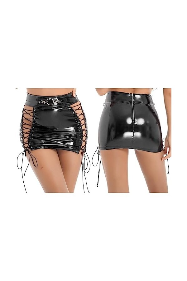 WEITING Femmes Sexy Mince Wet Look Crayon Jupes en Cuir PVC Taille Haute Évider À Lacets Court Moulante Mini Jupe Clubwear Co