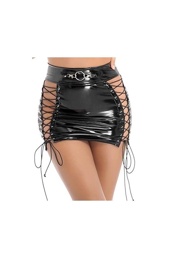 Mode féminine évider à Lacets Gothique Mini Jupe Rave Party Gothique Punk Rave Clubwear Wet Look Cuir Verni Crayon Jupes-Noir