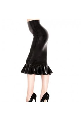 Jupes Longues Noires Sexy en Latex avec Volants sans Fond en Caoutchouc à glissière