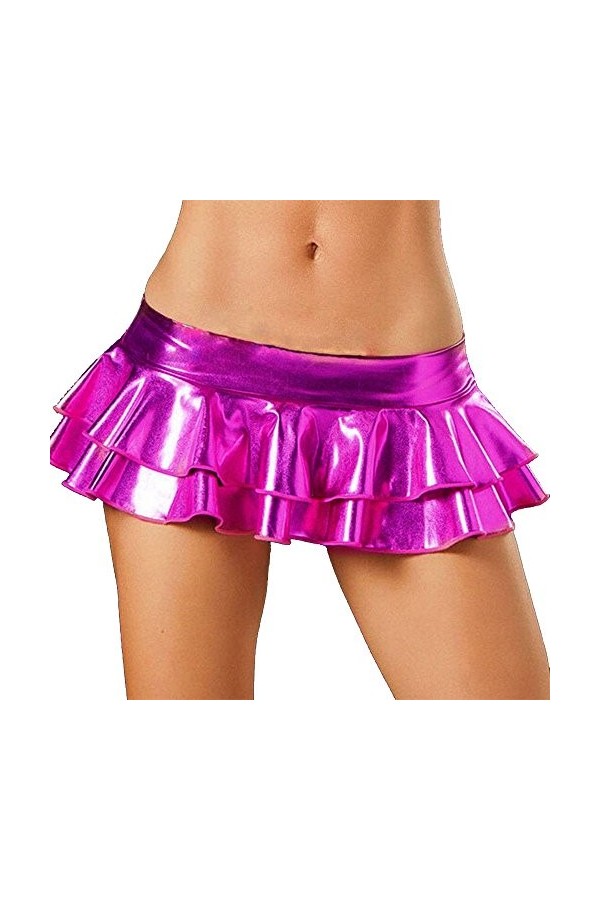 LCF Vêtements – Mini jupe à volants en similicuir effet mouillé brillant, rose rouge, taille unique