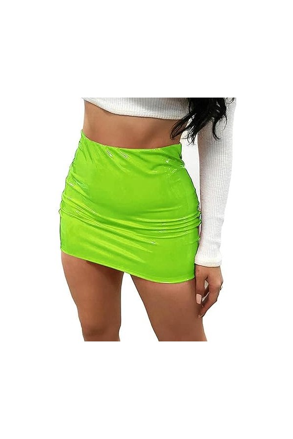 WSZJLN Femmes Jupes Sexy en Cuir Verni Brillant Mini-Jupe Couleur Unie Ceinture Jupe Crayon Brillant Aspect mouillé Jupe en L