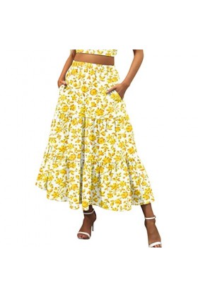 Jupe midi en mousseline de soie élégante à pois - Taille élastique - Jupe dété plissée - Style bohème - Style décontracté - 