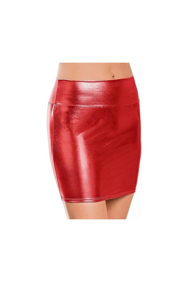 UOWEG Mini Jupe enveloppante Sexy en métal Brillant pour Femmes, Couleur métallique Jupe Noire Grande Taille Red, XL