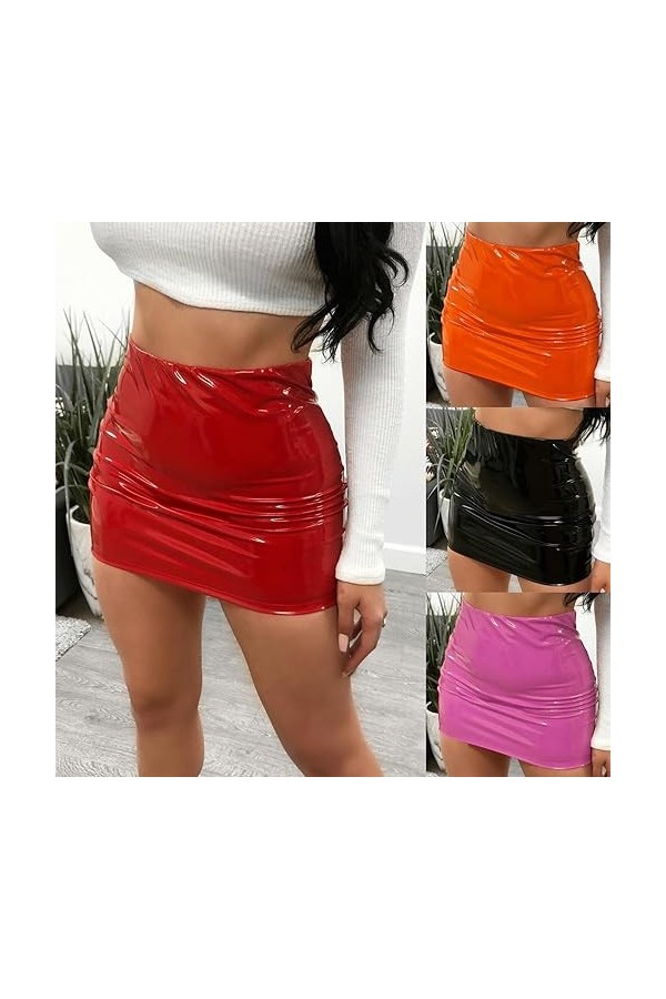 WSZJLN Femmes Jupes Sexy en Cuir Verni Brillant Mini-Jupe Couleur Unie Ceinture Jupe Crayon Brillant Aspect mouillé Jupe en L