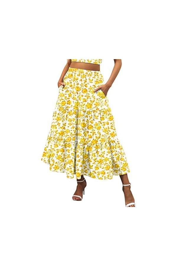 Jupe midi en mousseline de soie élégante à pois - Taille élastique - Jupe dété plissée - Style bohème - Style décontracté - 