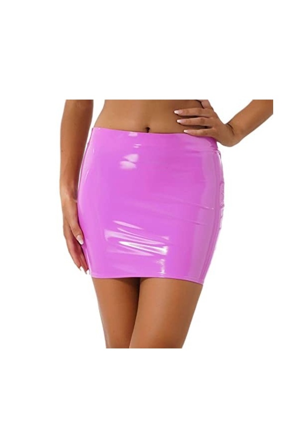 WSZJLN Femmes Sexy Jupes Brillant en Cuir Verni Minijupe Couleur Unie Ceinture Élastique Jupe Crayon Brillant Wet Look Latex 