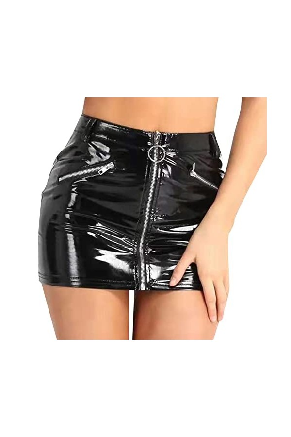 Mini jupe moulante en cuir verni pour femme - Effet mouillé - Taille haute - Avec lacets - Sexy - Pour fête - Clubwear - En c