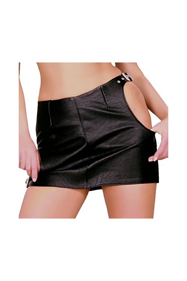 Ledapol - Mini-jupe en cuir véritable avec boucles latérales Noir Taille S