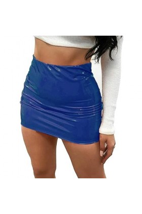 WSZJLN Femmes Jupes Sexy Brillant en Cuir Verni Mini-Jupe Couleur Unie Ceinture Jupe Crayon Brillant Aspect mouillé Jupe en L