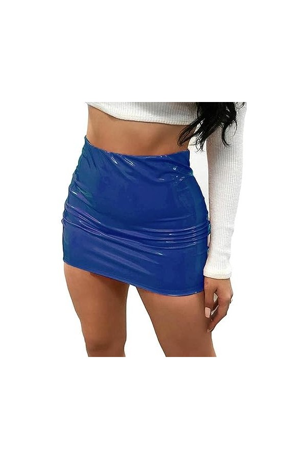 WSZJLN Femmes Jupes Sexy Brillant en Cuir Verni Mini-Jupe Couleur Unie Ceinture Jupe Crayon Brillant Aspect mouillé Jupe en L