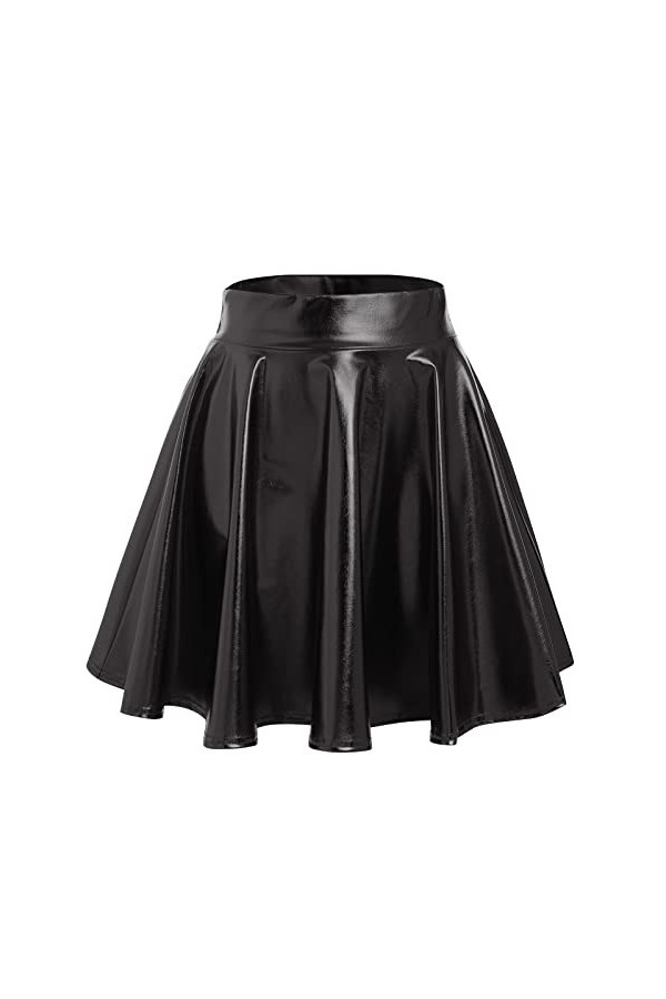 Jupe courte en cuir laqué holographique pour femme - Mini jupe plissée métallisée à paillettes, Noir , M