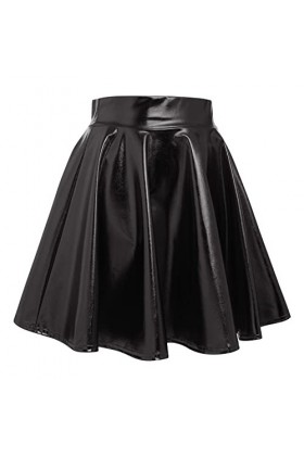 Jupe courte en cuir laqué holographique pour femme - Mini jupe plissée métallisée à paillettes, Noir , M