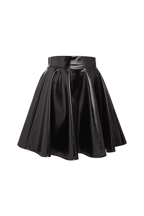 Jupe courte en cuir laqué holographique pour femme - Mini jupe plissée métallisée à paillettes, Noir , M
