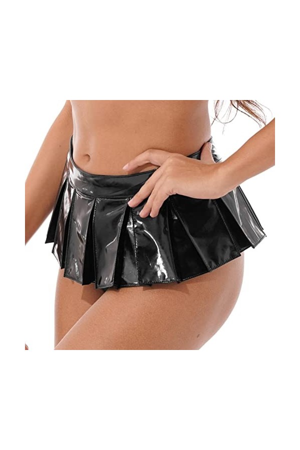 CHOUBAGUAI Femmes Noir Sexy Micro Jupes Wet Look Brillant en Cuir Verni Jupe Plissée Fermeture À Glissière Avant Taille Basse