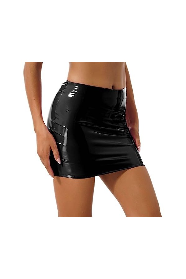 WSZJLN Femmes Sexy Jupes Brillant en Cuir Verni Minijupe Couleur Unie Ceinture Élastique Jupe Crayon Brillant Wet Look Latex