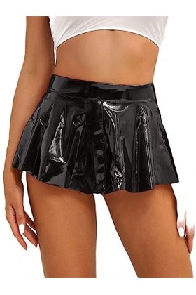 WSZJLN Femmes Sexy Jupes en Cuir Brillant Wet Look en Cuir Verni Mini Jupe Mode Zipper A-Line Jupes évasées pour Rave Party C