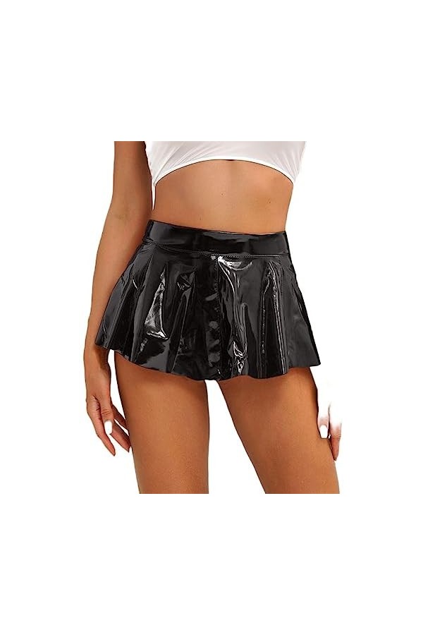 WSZJLN Femmes Sexy Jupes en Cuir Brillant Wet Look en Cuir Verni Mini Jupe Mode Zipper A-Line Jupes évasées pour Rave Party C