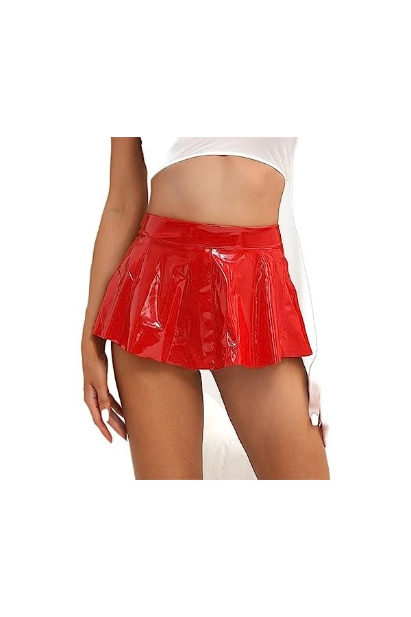 WSZJLN Femmes Sexy Jupes en Cuir Brillant Wet Look en Cuir Verni Mini Jupe Mode Zipper A-Line Jupes évasées pour Rave Party C