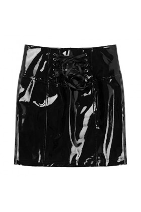 CHOUBAGUAI Femmes Casual Sexy Jupe Noir Brillant Wet Look en Cuir Verni Jupe À Lacets Taille Haute Fermeture Éclair Dos Slim 