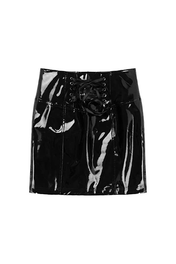 CHOUBAGUAI Femmes Casual Sexy Jupe Noir Brillant Wet Look en Cuir Verni Jupe À Lacets Taille Haute Fermeture Éclair Dos Slim