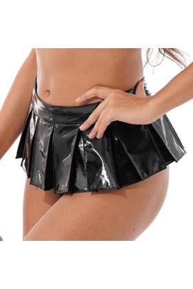 CHOUBAGUAI Femmes Noir Sexy Micro Jupes Wet Look Brillant en Cuir Verni Jupe Plissée Avant Zipper Taille Basse Minijupe pour 