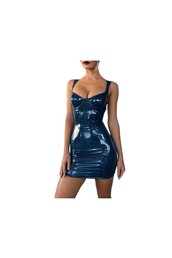 Gellmall Femme Robes en PU Cuir Clubwear Wetlook Bodycon Tirant Mini-Robe Courte Sexy Robe de Fête Érotique L