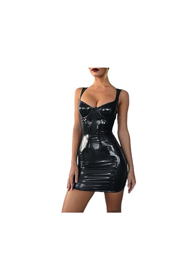 Gellmall Femme Robes en PU Cuir Clubwear Wetlook Bodycon Tirant Mini-Robe Courte Sexy Robe de Fête Érotique L