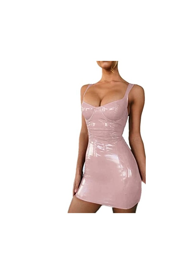 Gellmall Femme Robes en PU Cuir Clubwear Wetlook Bodycon Tirant Mini-Robe Courte Sexy Robe de Fête Érotique L