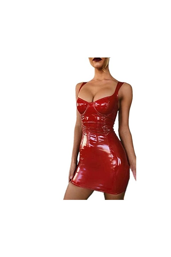 Gellmall Femme Robes en PU Cuir Clubwear Wetlook Bodycon Tirant Mini-Robe Courte Sexy Robe de Fête Érotique L