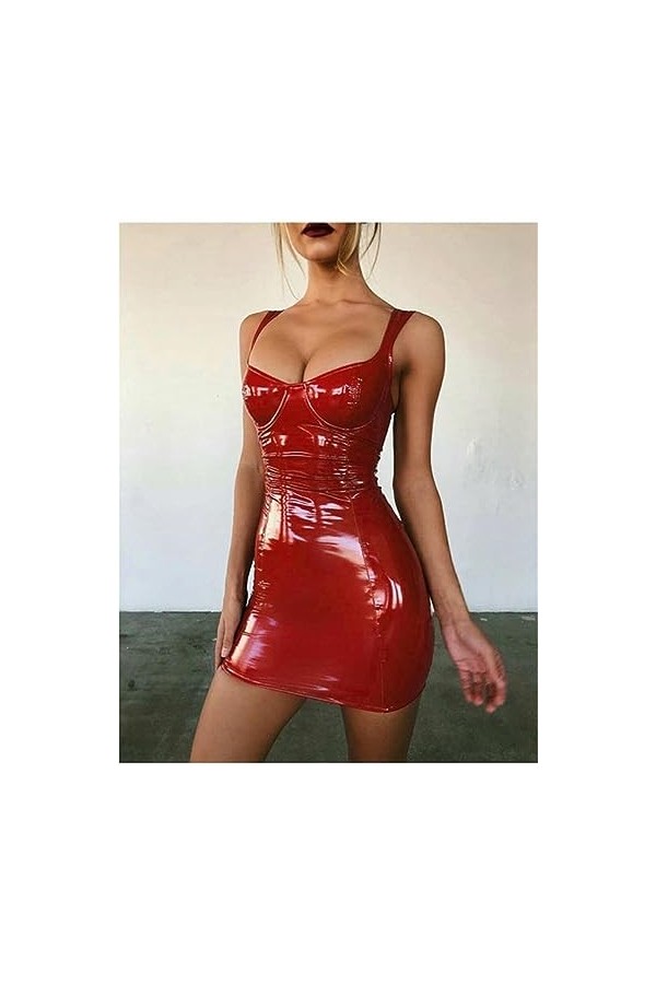 Sexy PU Dos Nu Club Robe Courte Solide Noir Wet Look Latex Moulante Faux Cuir Push Up Gothique Mini Micro Robe Justaucorps-Ro
