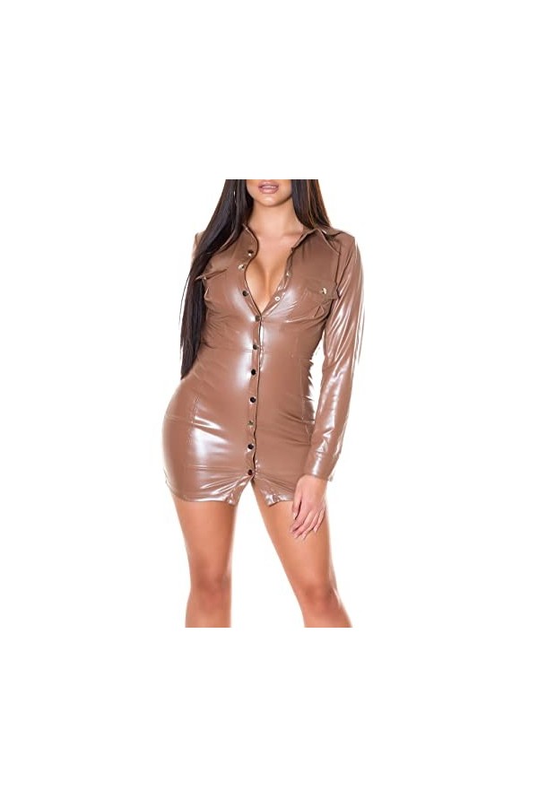 Koucla Robe effet cuir mouillé aspect cuir synthétique mini robe dos nu boutons, Noir , L